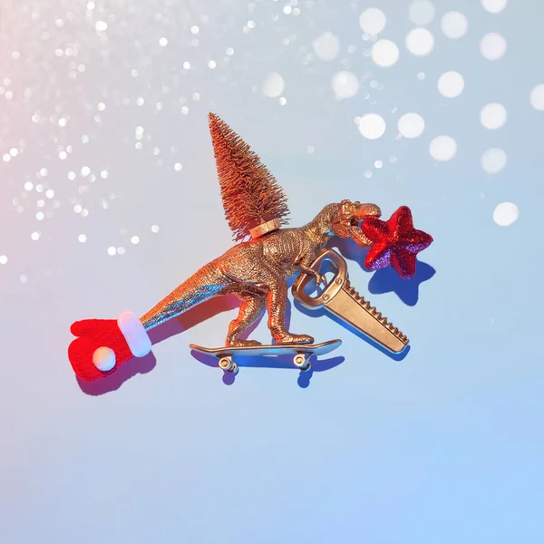 Nytårs Historie Hvordan Gylden Dinosaur Stjal Juletræ Med Sav Stjerne Royaltyfrie stock-fotos
