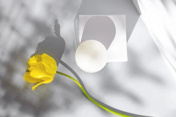 Komposisi Dengan Sebotol Krim Kubus Tulip Kuning Dan Bayangan Konsep Stok Gambar