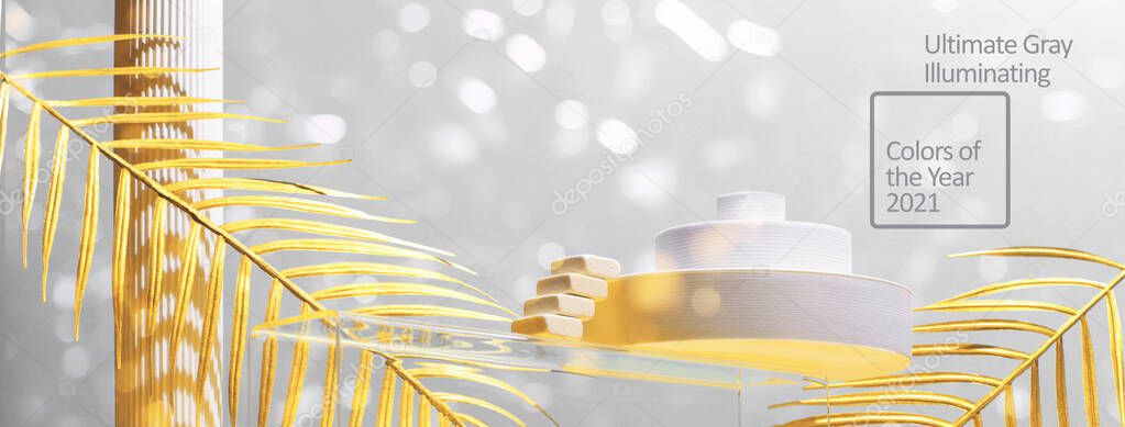 Monumental composition with catwalks, stairs, palm leaves and geometric shapes in blue and gold colors, beauty concept, mock up
