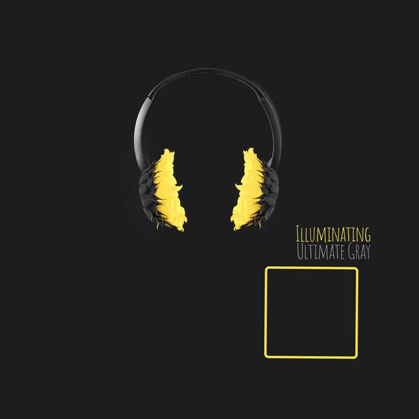 Ακουστικά Κίτρινα Ηλιοτρόπια Αιωρούνται Στον Αέρα Ένα Γκρι Φόντο Χρώμα Φωτογραφία Αρχείου