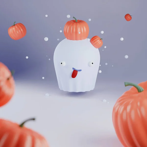 Смешной мультяшный призрак и много тыкв, концепция на тему праздника Хэллоуин, 3D иллюстрация, рендеринг — стоковое фото