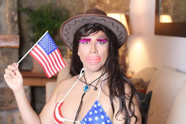 Transgender Woman Usa Flag Bikini Home — 스톡 사진