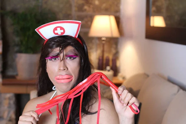 Ritratto Donna Transgender Cappello Infermiera Casa — Foto Stock