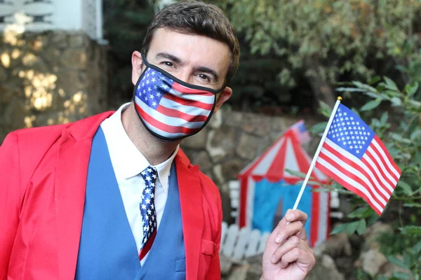 Portret Van Mens Rood Blauw Pak Met Amerikaanse Vlag Masker — Stockfoto