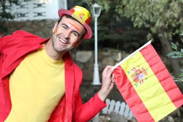 Retrato Joven Guapo Ropa Color Bandera España Naturaleza —  Fotos de Stock