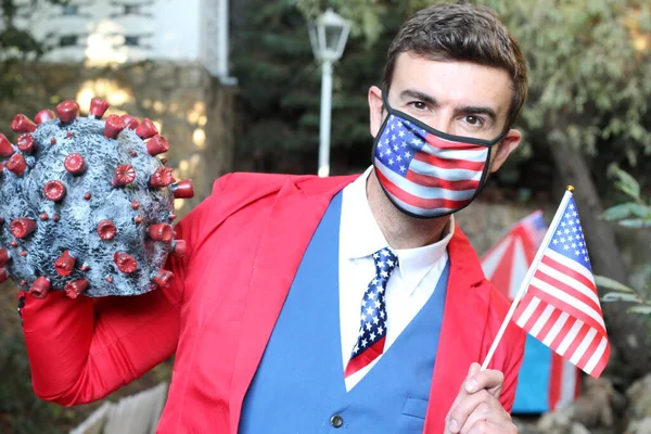 Portret Van Mens Rood Blauw Pak Met Amerikaanse Vlag Masker — Stockfoto