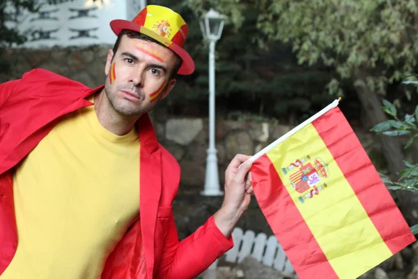 Porträt Eines Hübschen Jungen Mannes Kleidung Die Spanien Gefärbt Flagge — Stockfoto