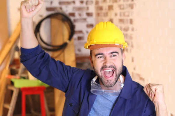 Portrait Handsome Young Repairman Helmet Celebrating His Workshop — Fotografia de Stock