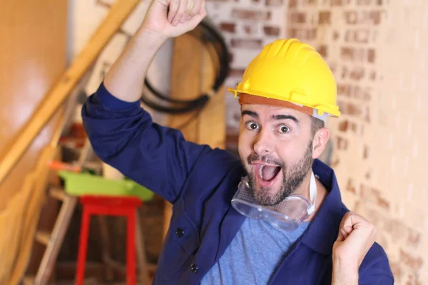 Portrait Handsome Young Repairman Helmet Celebrating His Workshop — Fotografia de Stock