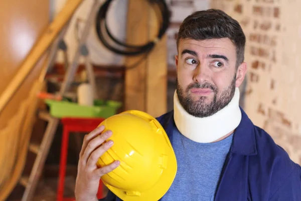 Portrait Handsome Young Repairman Helmet Neck Brace His Workshop — Fotografia de Stock