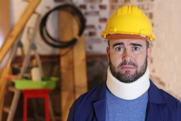 Portrait Handsome Young Repairman Helmet Neck Brace His Workshop — Fotografia de Stock