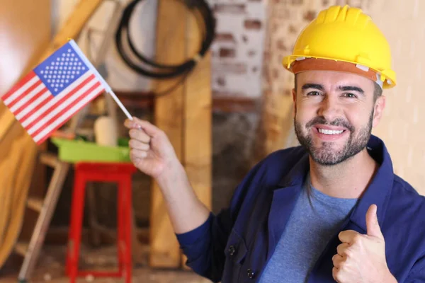 Portrait Handsome Young Repairman Helmet Holding Usa Flag His Workshop — Fotografia de Stock