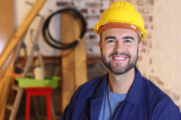 Portrait Handsome Young Repairman Helmet His Workshop — Stock Fotó