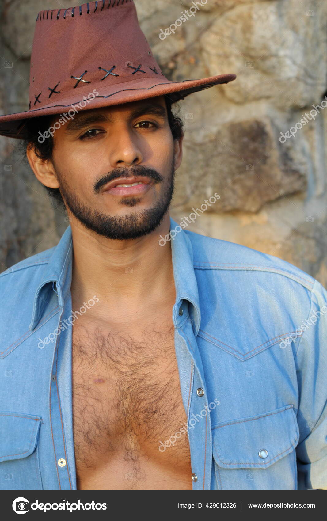 Close Portrait Handsome Young Man Mustache Cowboy Hat Front Stone