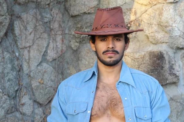 Close Portrait Handsome Young Man Mustache Cowboy Hat Front Stone — Stock Photo, Image