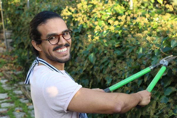 Primer Plano Retrato Joven Jardinero Guapo Delantal Con Bigote Anteojos — Foto de Stock