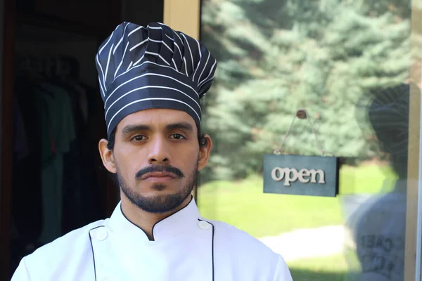 Portrait Handsome Latin Chef Uniform Hat Front Restaurant Door Open — Stock Photo, Image