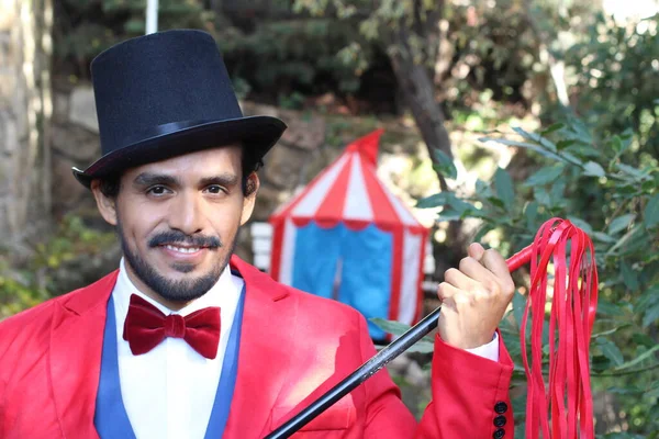 Portrait Handsome Circus Magician Red Costume Front Circus Tent — Stock Photo, Image