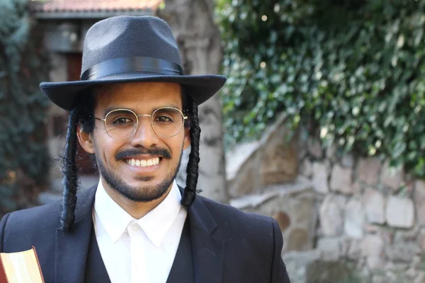 Nahaufnahme Porträt Eines Hübschen Jungen Rabbiners Mit Traditionellem Hut Und — Stockfoto