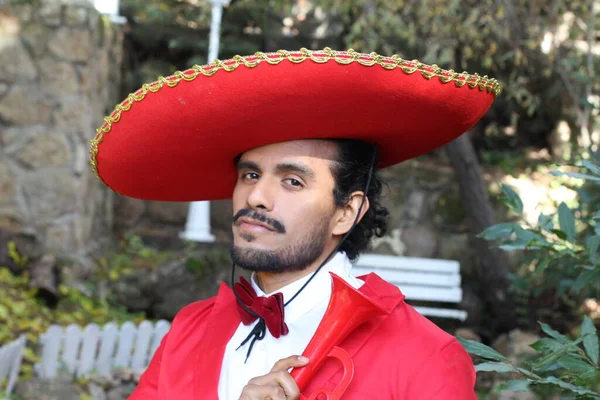 Portrait Handsome Latin Man Red Costume Sombrero Street — Stock Photo, Image