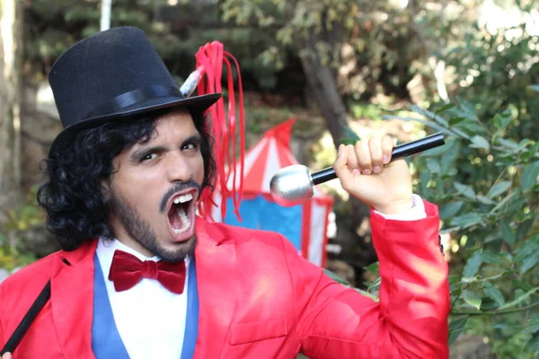 Portrait Handsome Circus Magician Red Costume Front Circus Tent — Stock Photo, Image