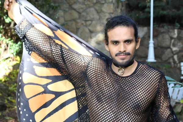 Close Retrato Belo Jovem Camisa Net Com Cachecol Borboleta Livre — Fotografia de Stock