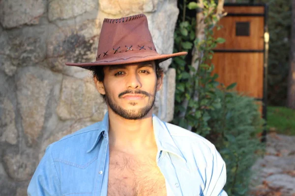 Close Portrait Handsome Young Man Mustache Cowboy Hat Front Stone — Stock Photo, Image