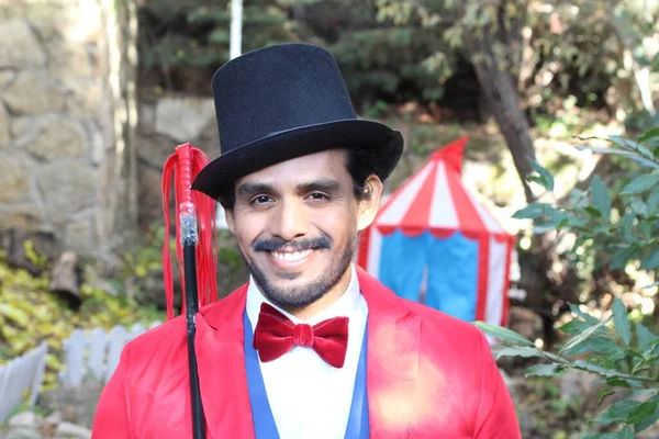 Portrait Handsome Circus Magician Red Costume Front Circus Tent — Stock Photo, Image