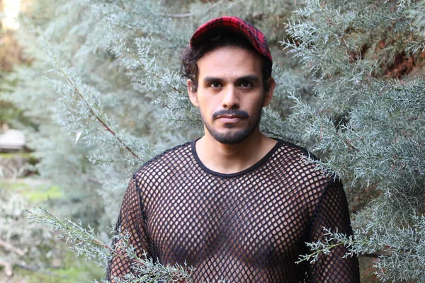 Close Portrait Handsome Young Man Net Shirt Red Cap Outdoors — Stock Photo, Image