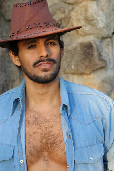 Close Portrait Handsome Young Man Mustache Cowboy Hat Front Stone — Stock Photo, Image