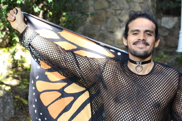 Close Portrait Handsome Young Man Net Shirt Butterfly Scarf Outdoors — Stock Photo, Image