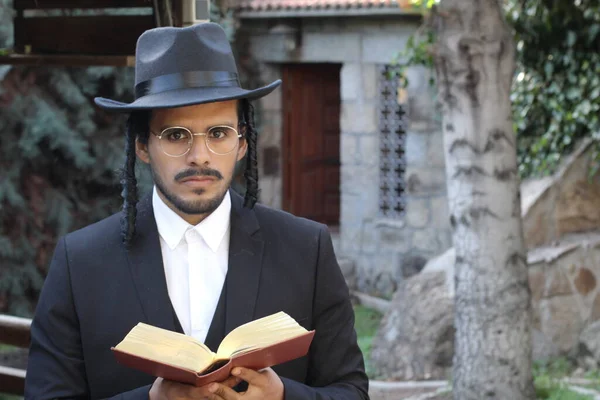 Close Portrait Handsome Young Rabbi Traditional Hat Tanakh Natural ...