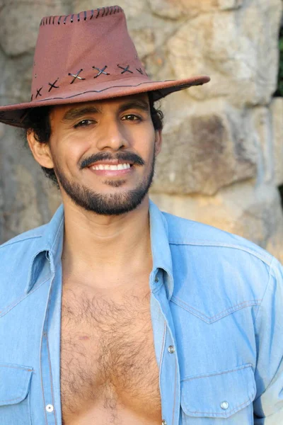 Close Portrait Handsome Young Man Mustache Cowboy Hat Front Stone — Stock Photo, Image