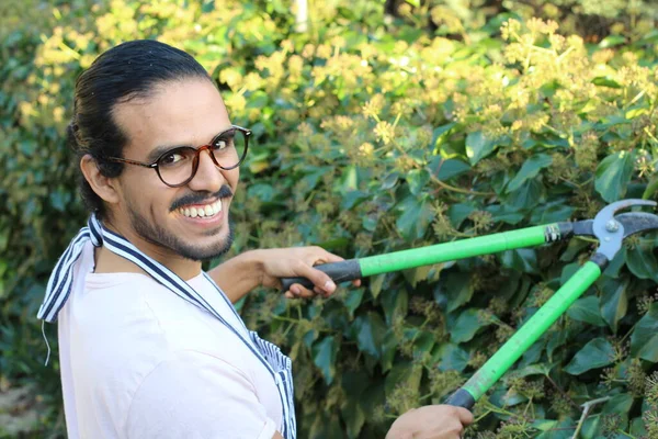 Primer Plano Retrato Joven Jardinero Guapo Delantal Con Bigote Anteojos —  Fotos de Stock