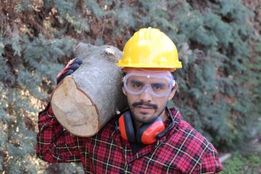 Kasklı yakışıklı oduncunun portresi omuzunda kütük tutuyor.