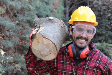 Kasklı yakışıklı oduncunun portresi omuzunda kütük tutuyor.