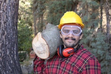 Kasklı yakışıklı oduncunun portresi omuzunda kütük tutuyor.