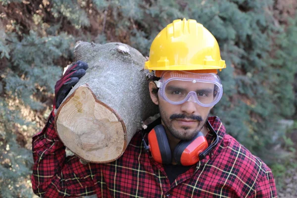 年轻英俊的木匠头戴硬礼帽 肩上拿着圆木的肖像 — 图库照片