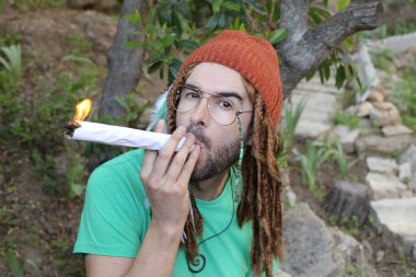 Uzun rastalı yakışıklı genç adamın yakın plan portresi doğada dev ot otları tutuyor.