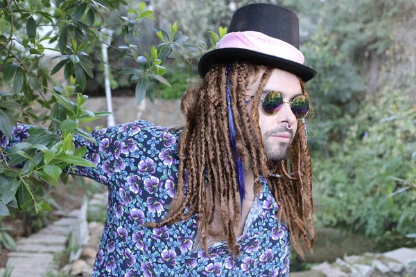 Close Portrait Handsome Young Man Long Dreadlocks Nature — Stock Photo, Image