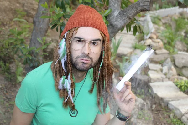 Close Portrait Handsome Young Man Long Dreadlocks Holding Giant Weed — Stock Photo, Image