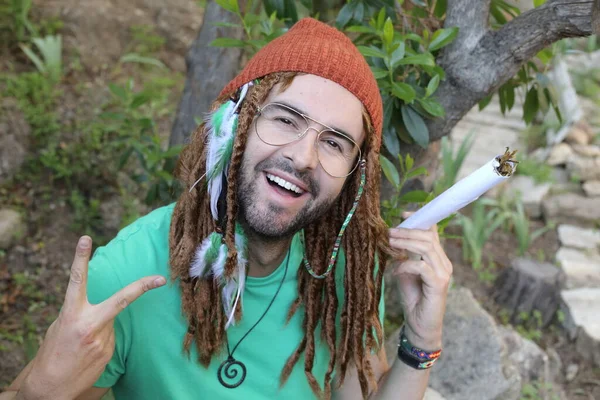 Close Portrait Handsome Young Man Long Dreadlocks Holding Giant Weed — Stock Photo, Image