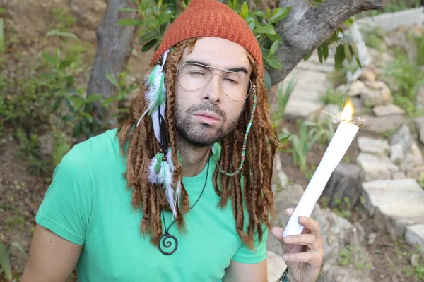 Close Portrait Handsome Young Man Long Dreadlocks Holding Giant Weed — Stock Photo, Image