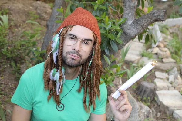 Close Portrait Handsome Young Man Long Dreadlocks Holding Giant Weed — Stock Photo, Image