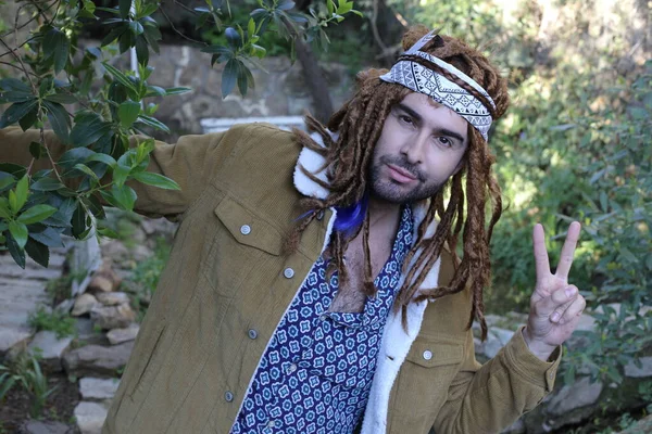 Close Portrait Handsome Young Man Long Dreadlocks Nature — Stock Photo, Image