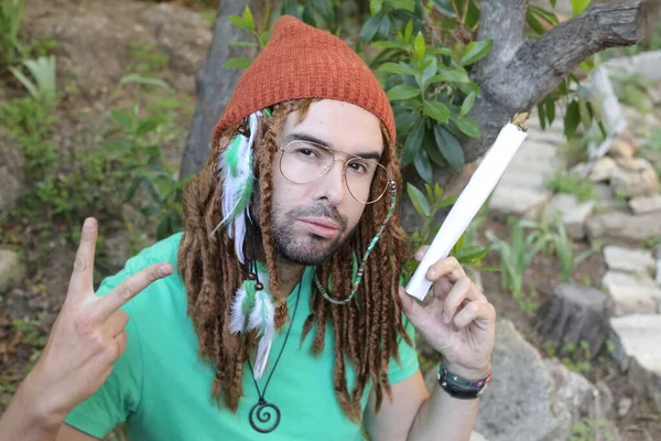 Close Portrait Handsome Young Man Long Dreadlocks Holding Giant Weed — Stock Photo, Image