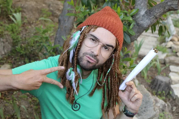 Close Portrait Handsome Young Man Long Dreadlocks Holding Giant Weed — Stock Photo, Image