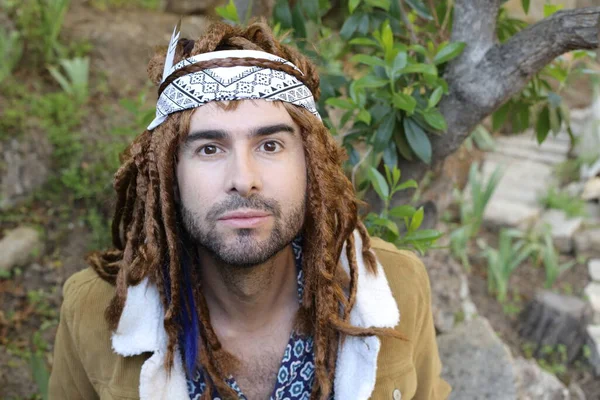 Close Portrait Handsome Young Man Long Dreadlocks Nature — Stock Photo, Image