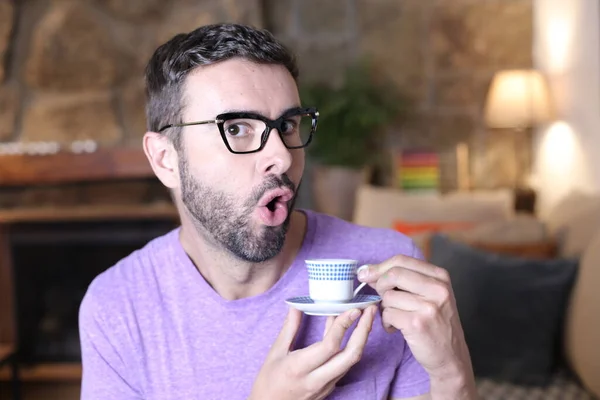 Close Portrait Handsome Young Man Holding Small Espresso Cup Home — Fotografia de Stock