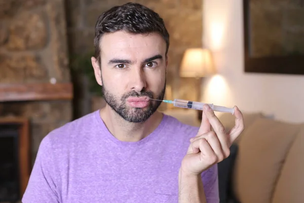 Close Portrait Handsome Young Man Making Injection Face Syringe Home — Stockfoto